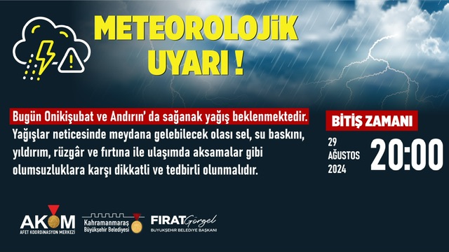 Onikişubat ve Andırın’da Sağanak Yağış Uyarısı!