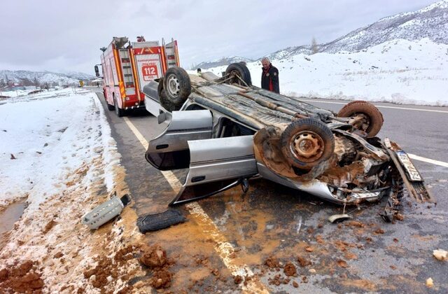 Göksun’da otomobil takla attı
