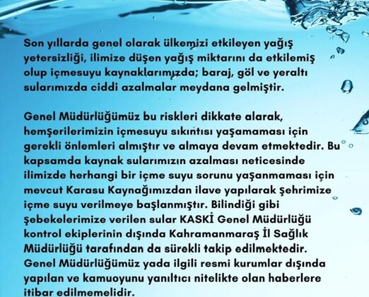Kahramanmaraş’ta İçme Suyu ile İlgili Açıklama: KASKİ Önlemlerini Sürdürüyor
