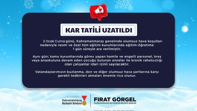 Olumsuz Hava Koşulları Nedeniyle 2 Ocak’ta Eğitime 1 Günlük Ara!