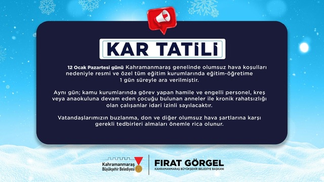 Olumsuz Hava Koşulları Nedeniyle Eğitime 12 Ocak’ta Ara Verildi