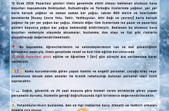 Kahramanmaraş’ta Eğitime Bir Gün Ara Verildi