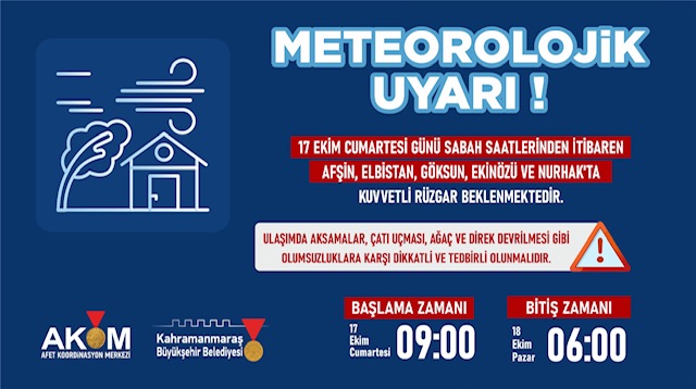 17 Ekim’de Kuzey İlçeler İçin Kuvvetli Rüzgâr Uyarısı